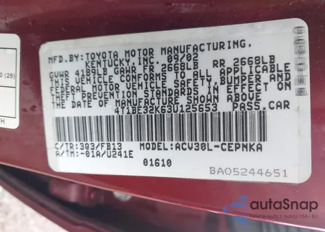 2003 Toyota Camry Le из США, поврежденный, VIN 4T1BE32K63U125653